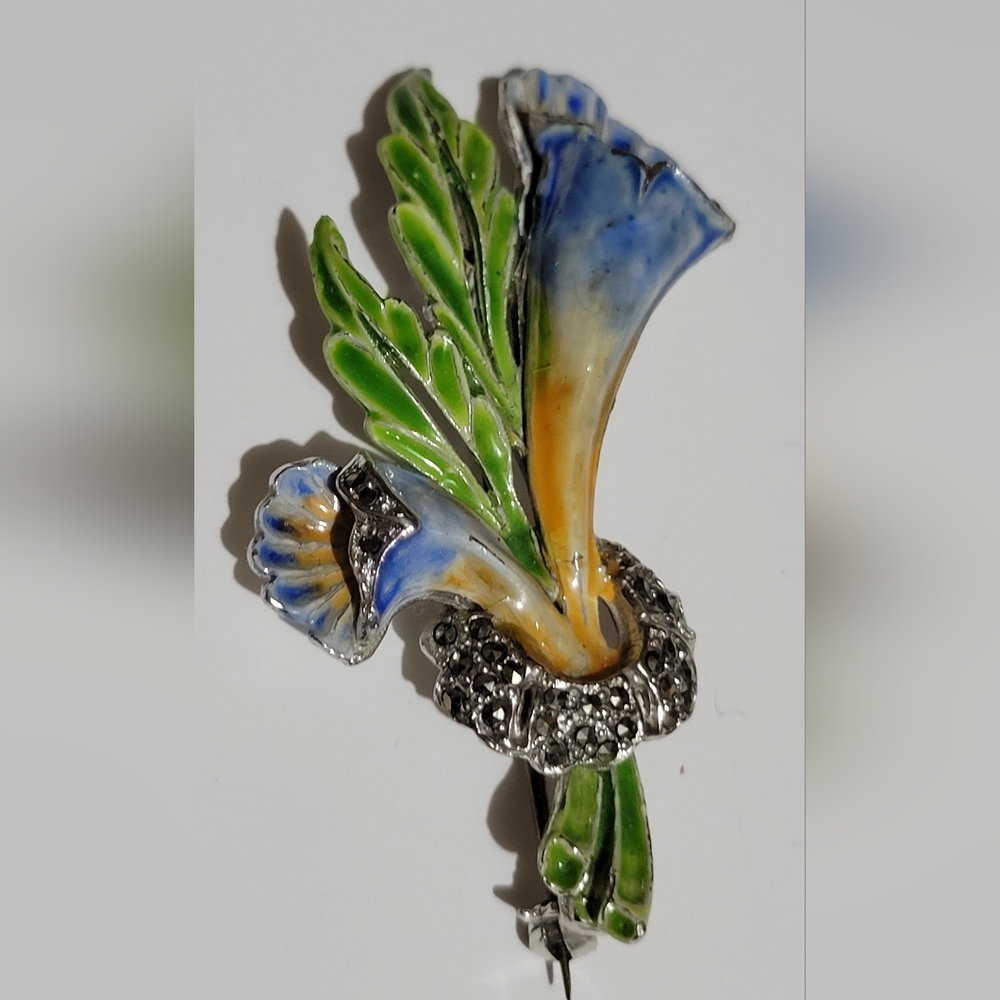 Floral Enamel Brooch with Marchasite  Rhinestones